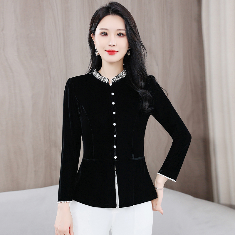 小香风金丝绒气质钉珠衬衫女秋冬2025新款收腰显瘦长袖上衣打底衫