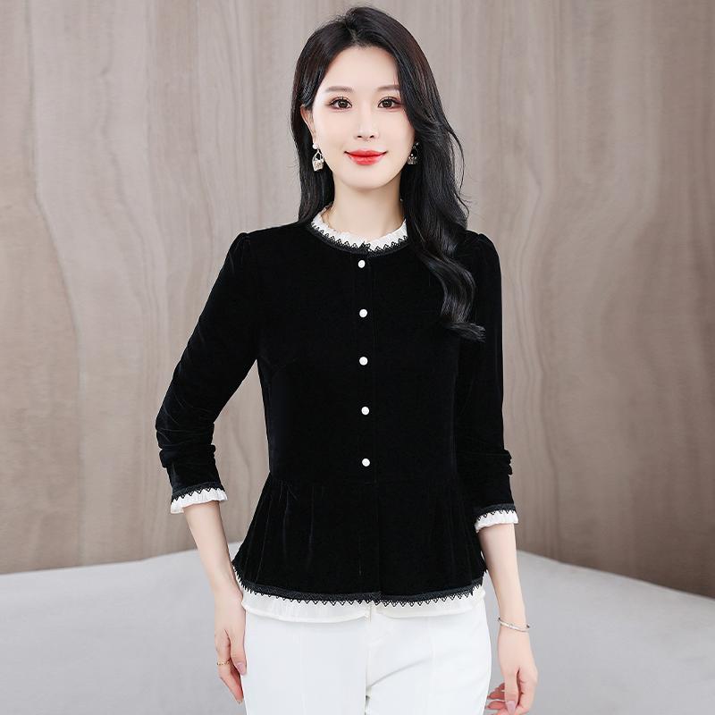 黑色蕾丝衬衫女高级感轻奢减龄洋气2025新款秋季金丝绒上衣打底衫