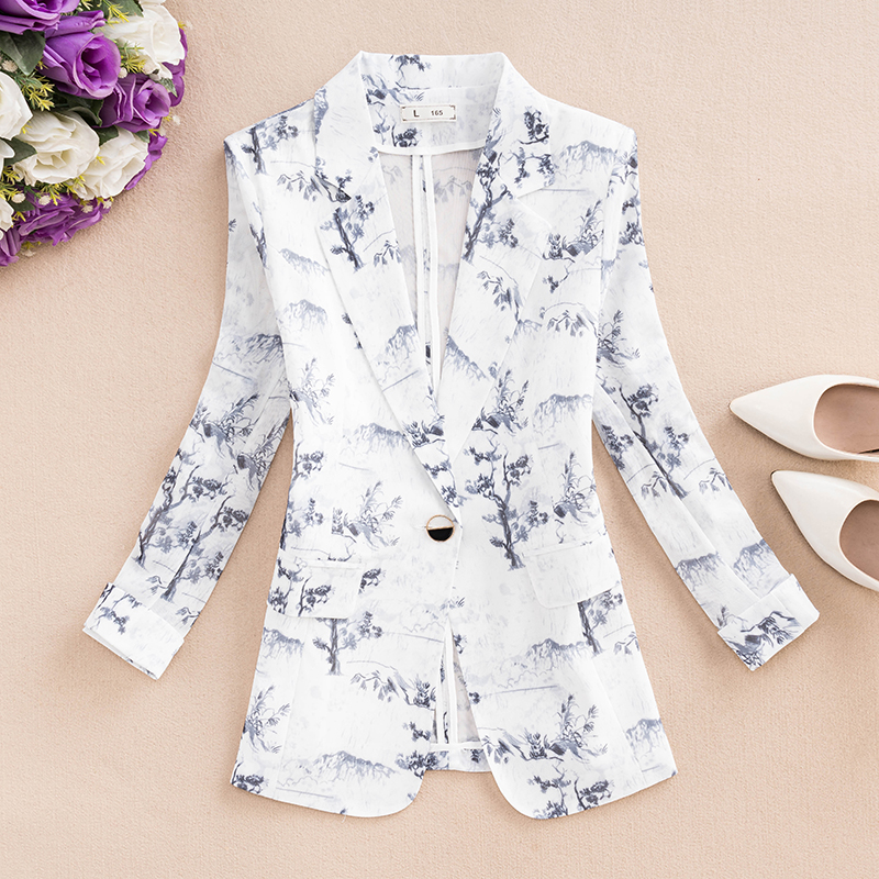 春夏新款印花西服网纱防晒气质修身显瘦女洋气减龄薄款小西装外套