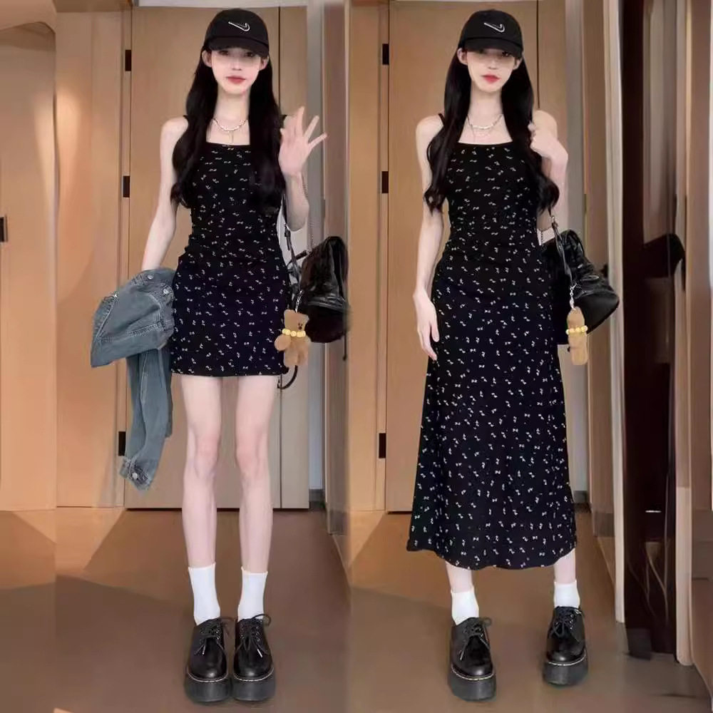 大码法式黑色碎花吊带连衣裙女2025春季显瘦遮肉收腰长裙甜辣风