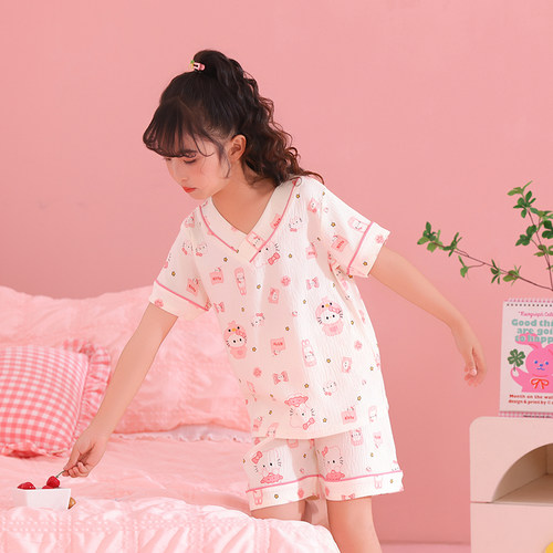 短袖睡衣女孩可爱夏季薄款云朵棉儿童女童公主中童家居服小孩套装