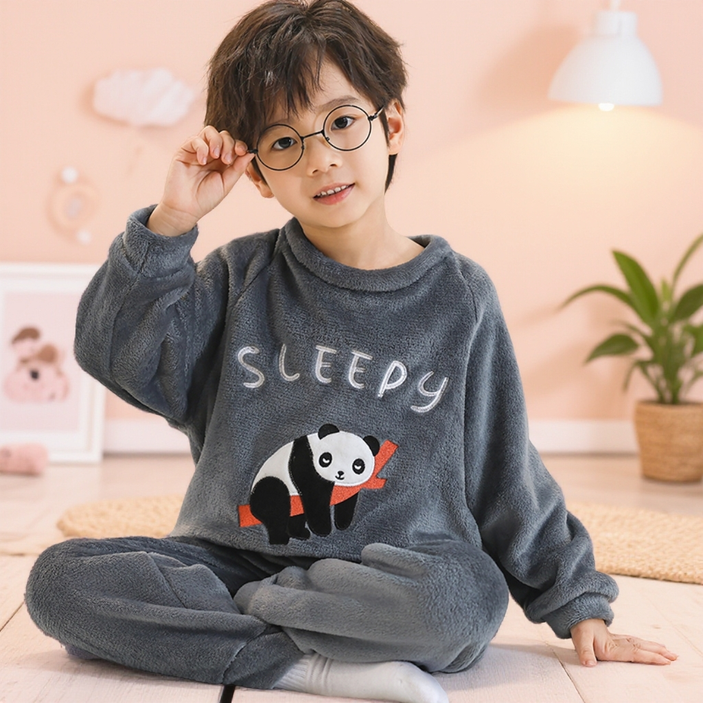 儿童法兰绒睡衣宝宝秋冬加绒加厚珊瑚绒小孩冬款男女童家居服套装