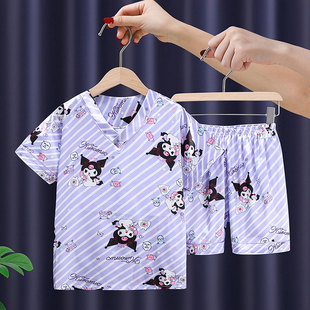 女童睡衣夏季冰丝薄款短袖短裤空调服儿童女孩2024新款大童家居服