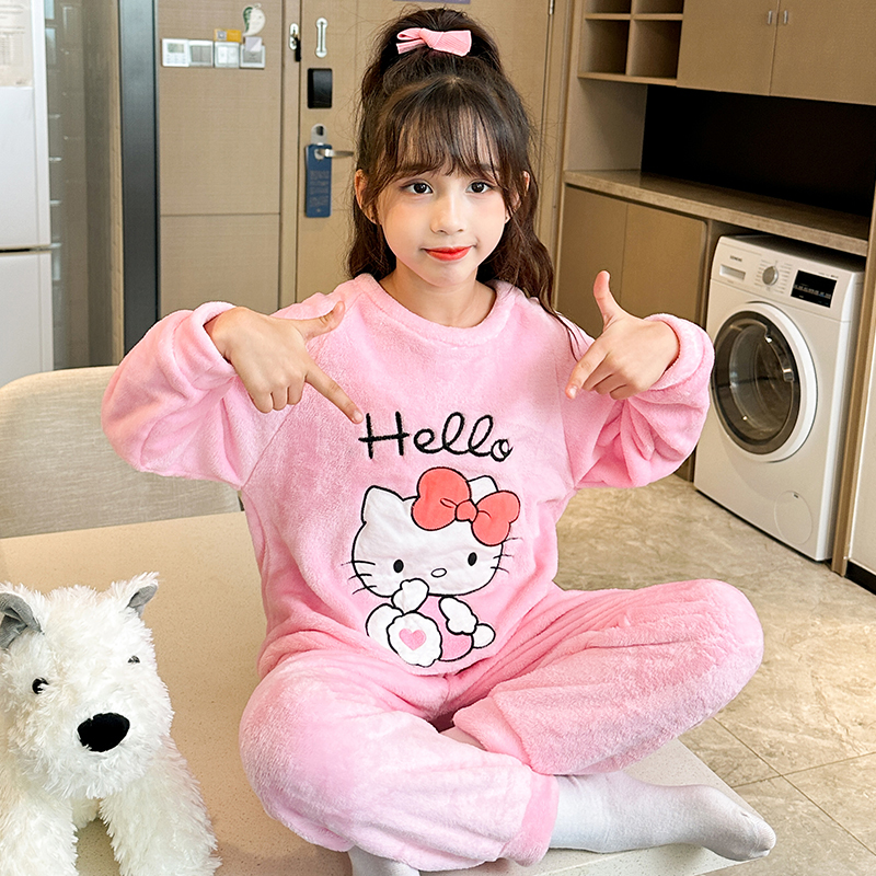 女童珊瑚绒睡衣秋冬季男孩女童宝宝加厚冬款套装儿童法兰绒家居服