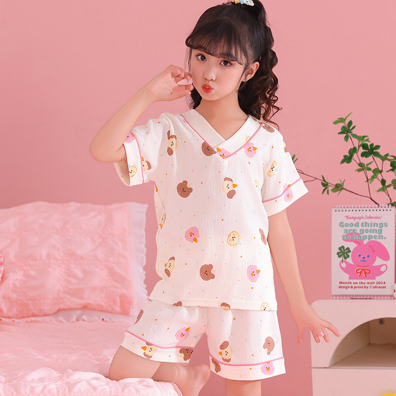 2025新款女童夏季睡衣套装云朵棉短袖薄款公主风小女孩儿童家居服