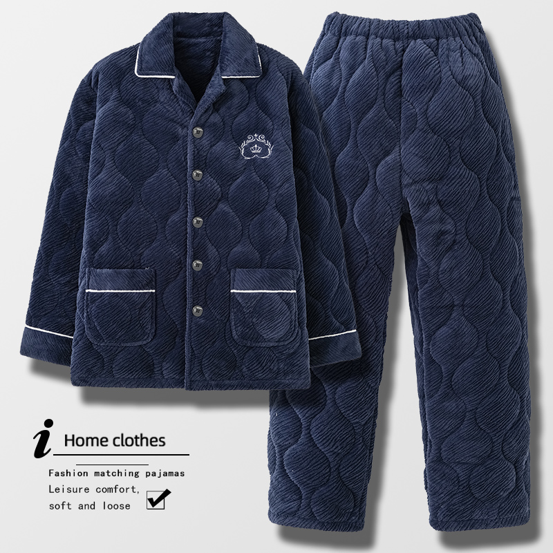 男珊瑚绒夹棉冬天加厚保暖睡衣套