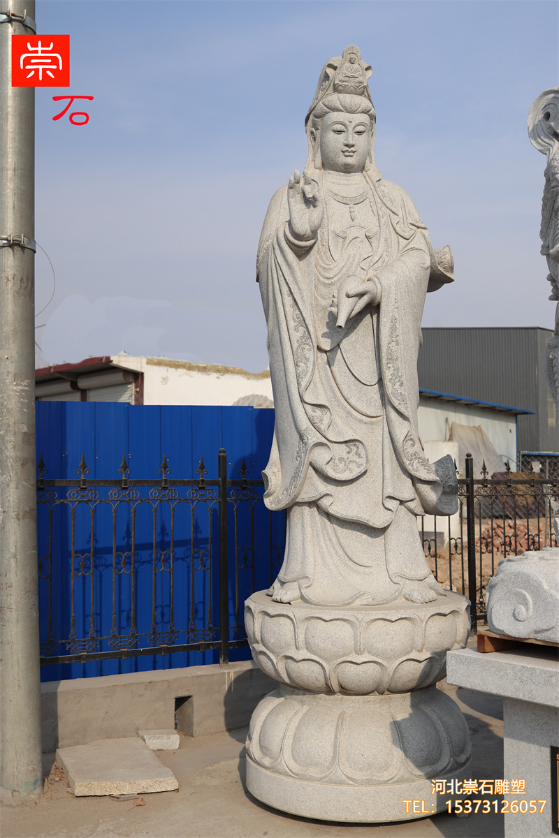 观音佛像汉白玉滴水石雕三面菩萨韦陀寺庙供奉西方三圣摆件定制款