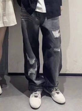 中国李宁2024新款水洗牛仔裤男女宽松做旧破洞直筒休闲裤AJQU183