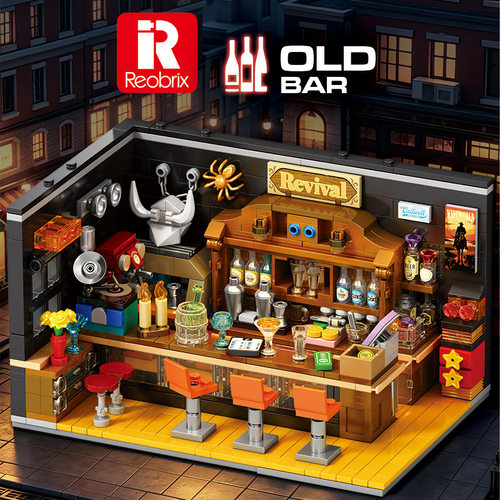 Reobrix臻砖66304复古美式酒吧微缩街景益智拼装积木模型摆件玩具