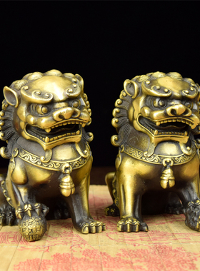 纯铜狮子摆件黄铜对仿古小号