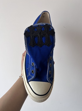 Remake客制十字架绣皮气眼扣蓝色低帮帆布鞋百搭舒适男女同款