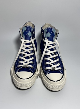 Remake客制十字架绣皮气眼扣蓝色帆布高帮鞋百搭舒适男女同款