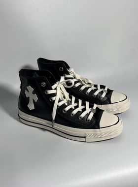 Remake客制十字架绣皮气眼扣黑色皮面高帮鞋百搭舒适男女同款