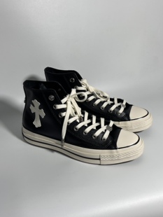 Remake客制十字架绣皮气眼扣黑色皮面高帮鞋百搭舒适男女同款