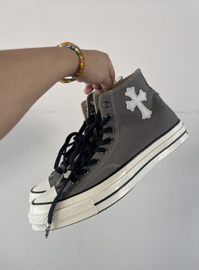 Remake客制十字架缝纫鞋片气眼扣灰色帆布高帮鞋百搭舒适男女同款