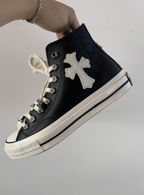 Remake客制十字架鞋片气眼扣黑色皮面高帮鞋百搭舒适男女同款