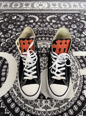 REMAKE高帮帆布鞋客制十字架绣橙色皮气眼扣休闲潮流纯色系带鞋