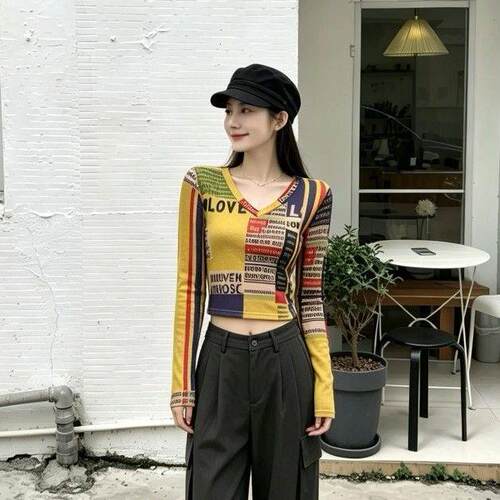 复古拼接字母V领长袖显瘦T恤女