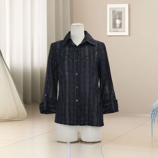 修身 单排扣衬衫 遮肉显瘦百搭35073 女纯色简约风条纹长袖 春秋新款
