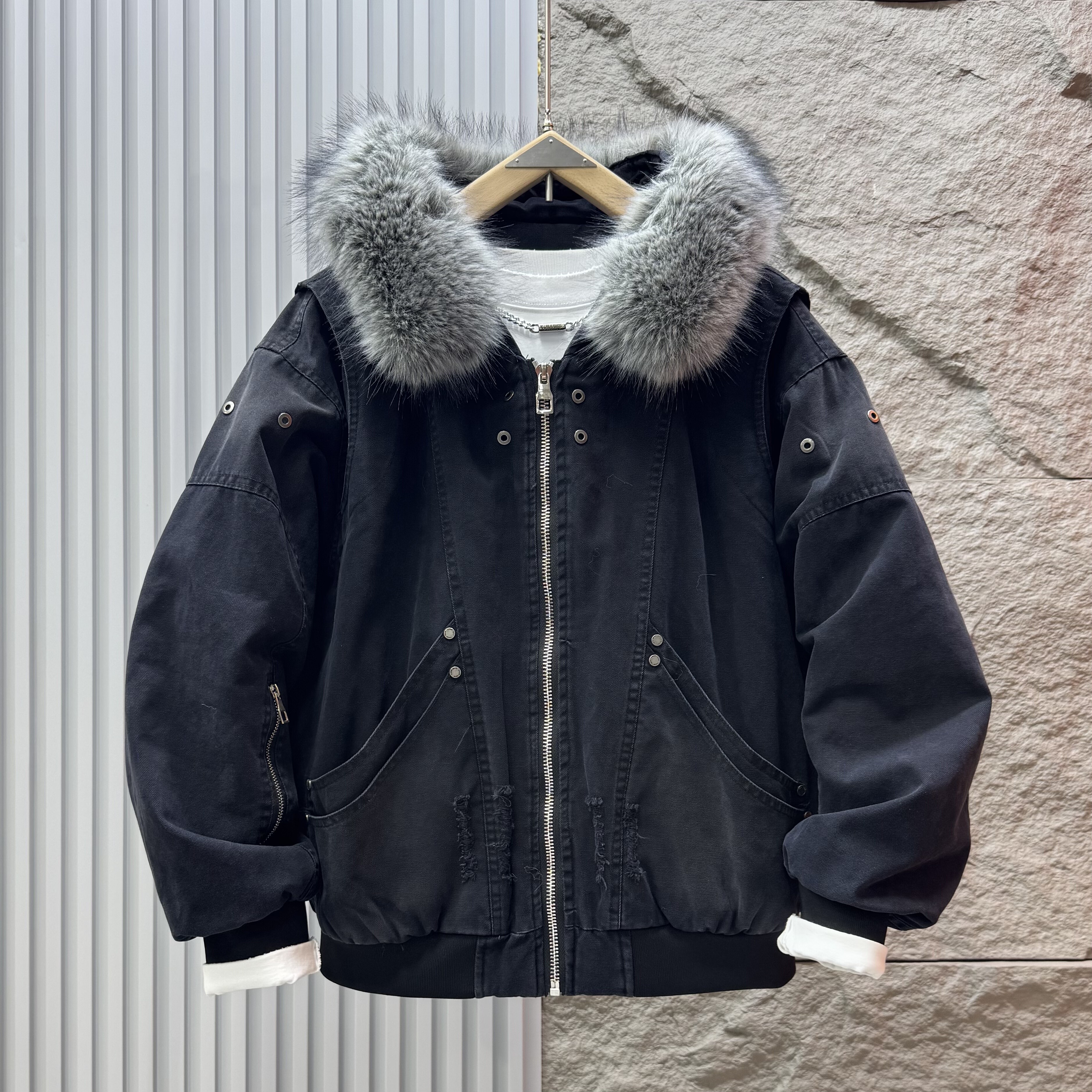 冬季座山雕新款连帽毛领拆卸保暖宽松潮牌棉衣假俩件设计款防寒服