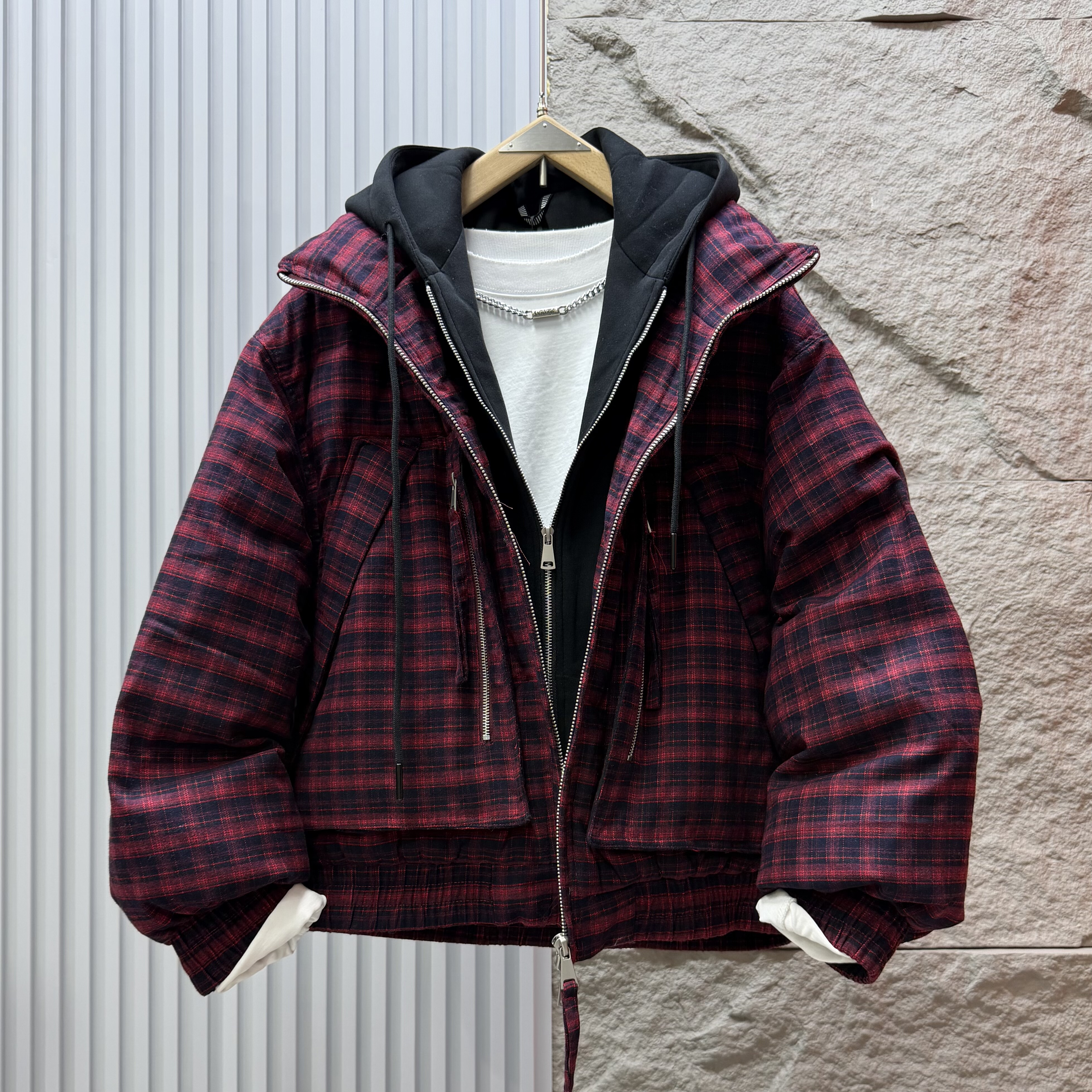 潮牌冬季新款拼接假俩件设计连帽棉衣潮流时尚百搭宽松男女面包服