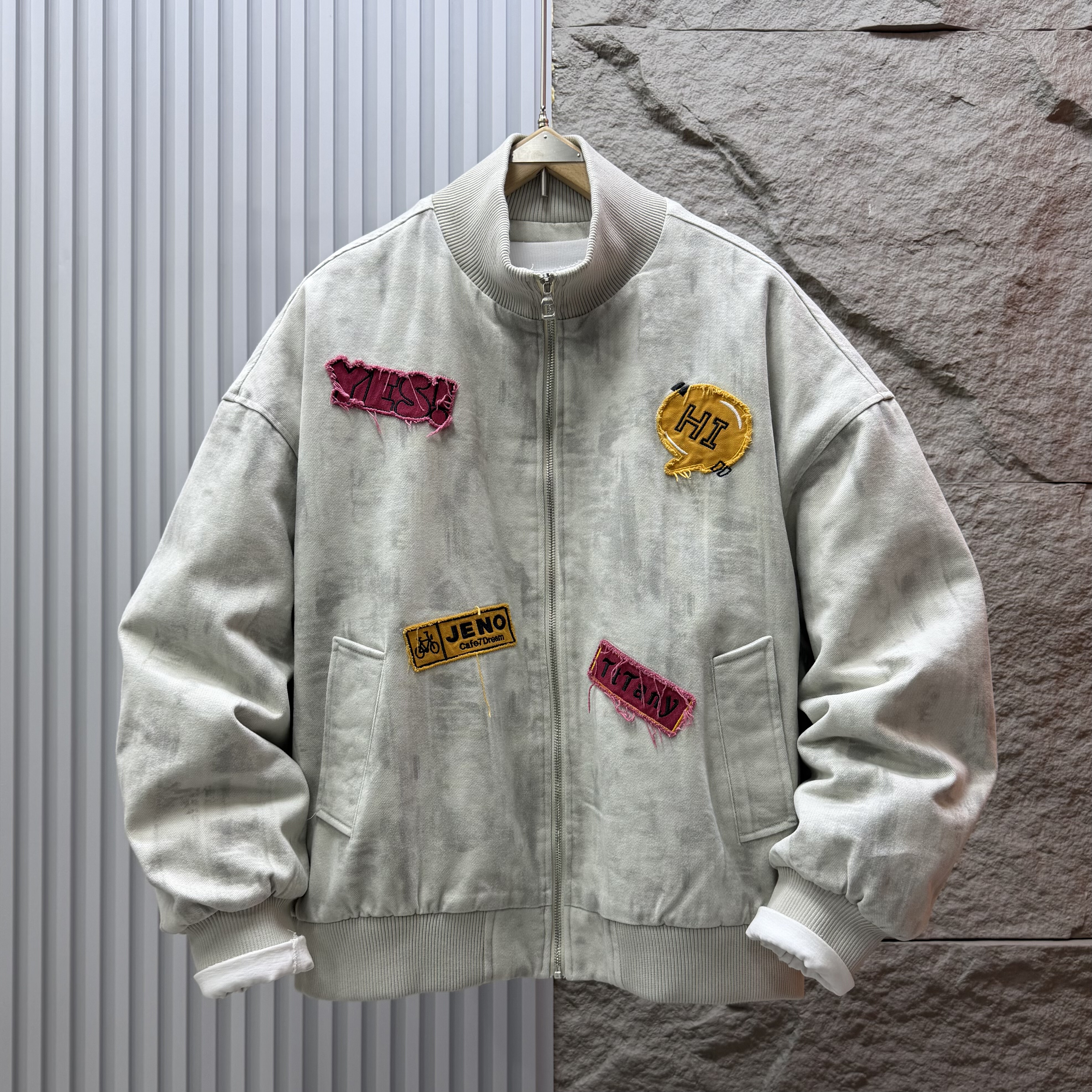 潮牌冬季男女贴布绣卡通图案水洗牛仔棉衣复古潮流宽松立领棒球服