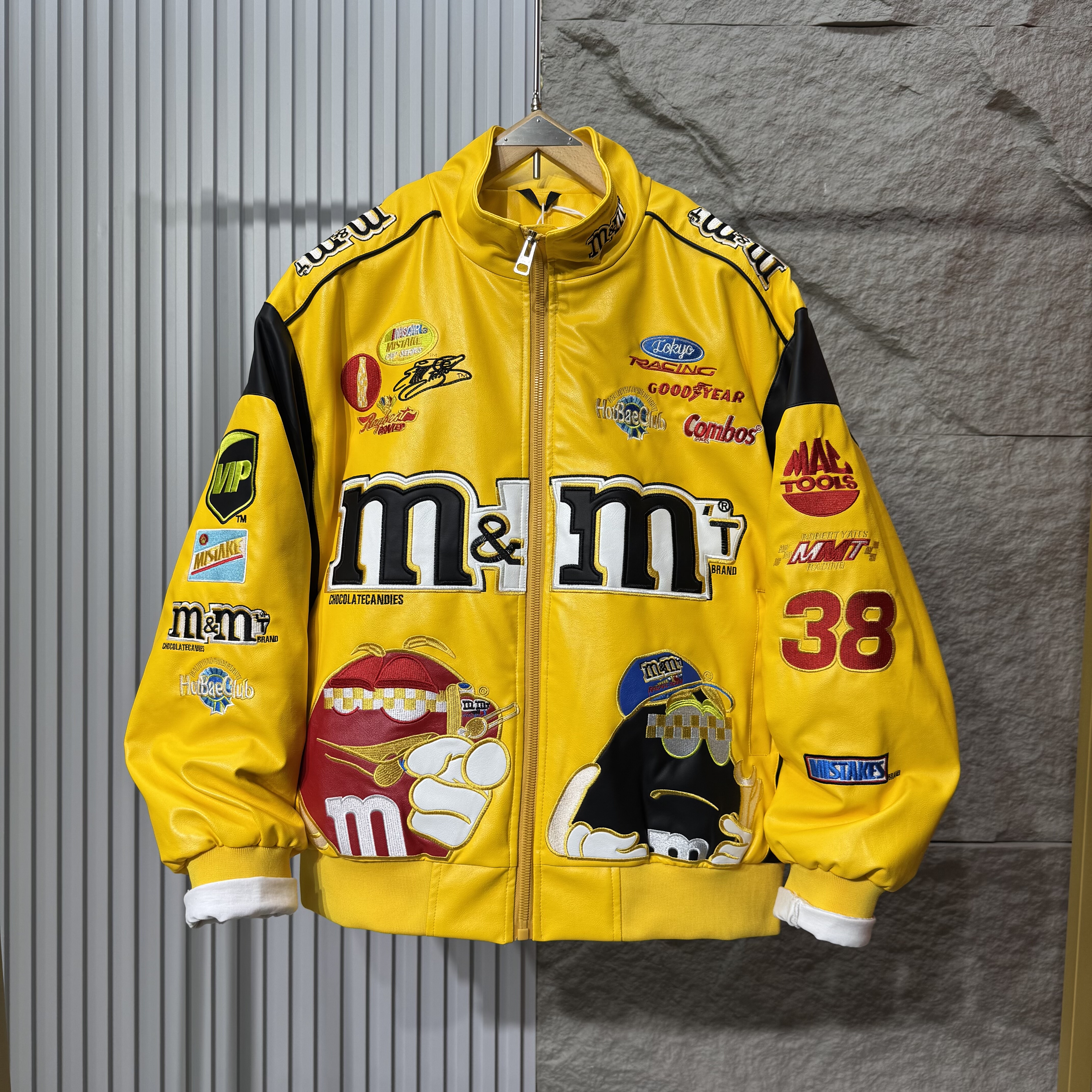 MM豆重工刺绣赛车机车夹克男女宽松复古潮牌情侣棒球服棉衣秋冬款