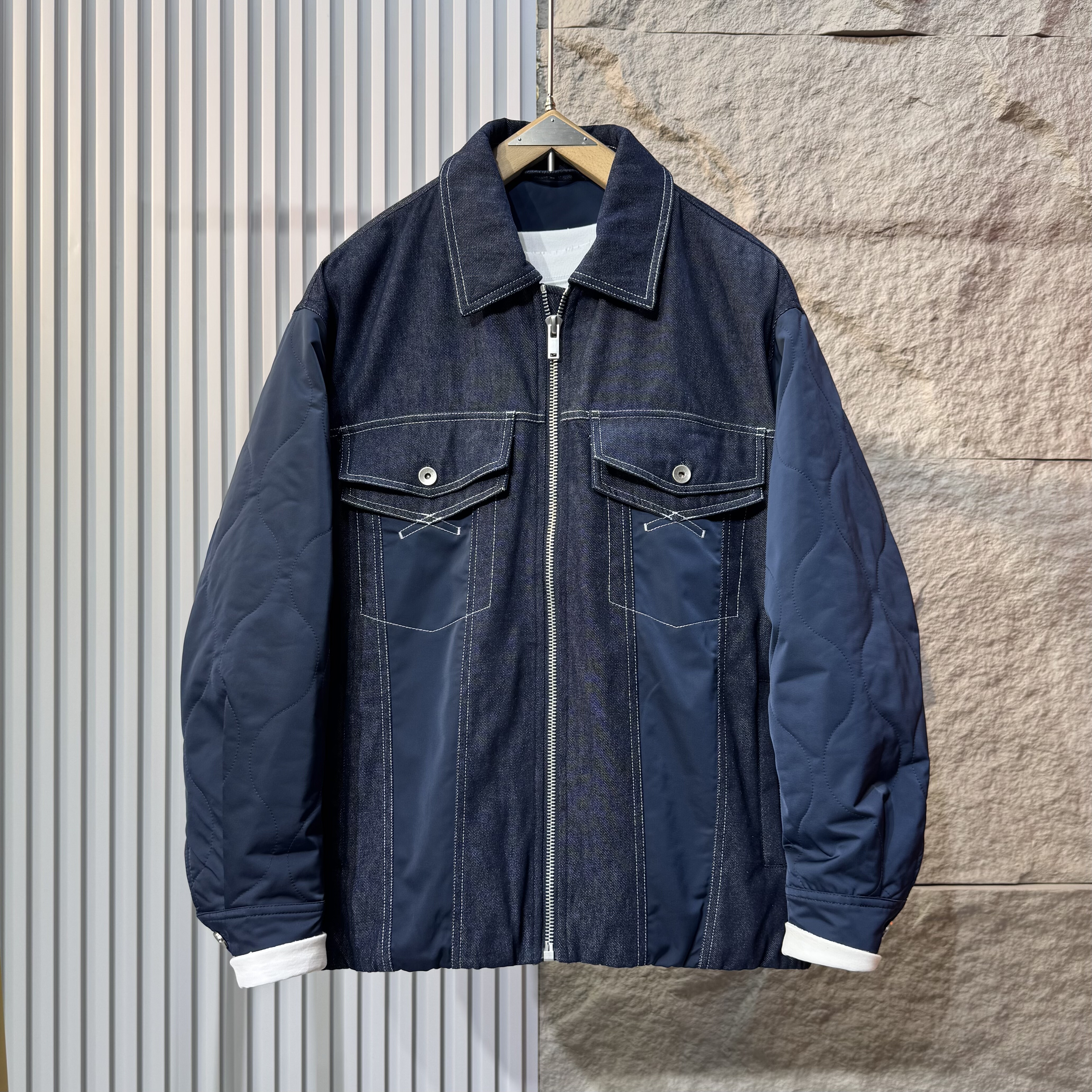2025冬季美式复古牛仔拼接羽绒服