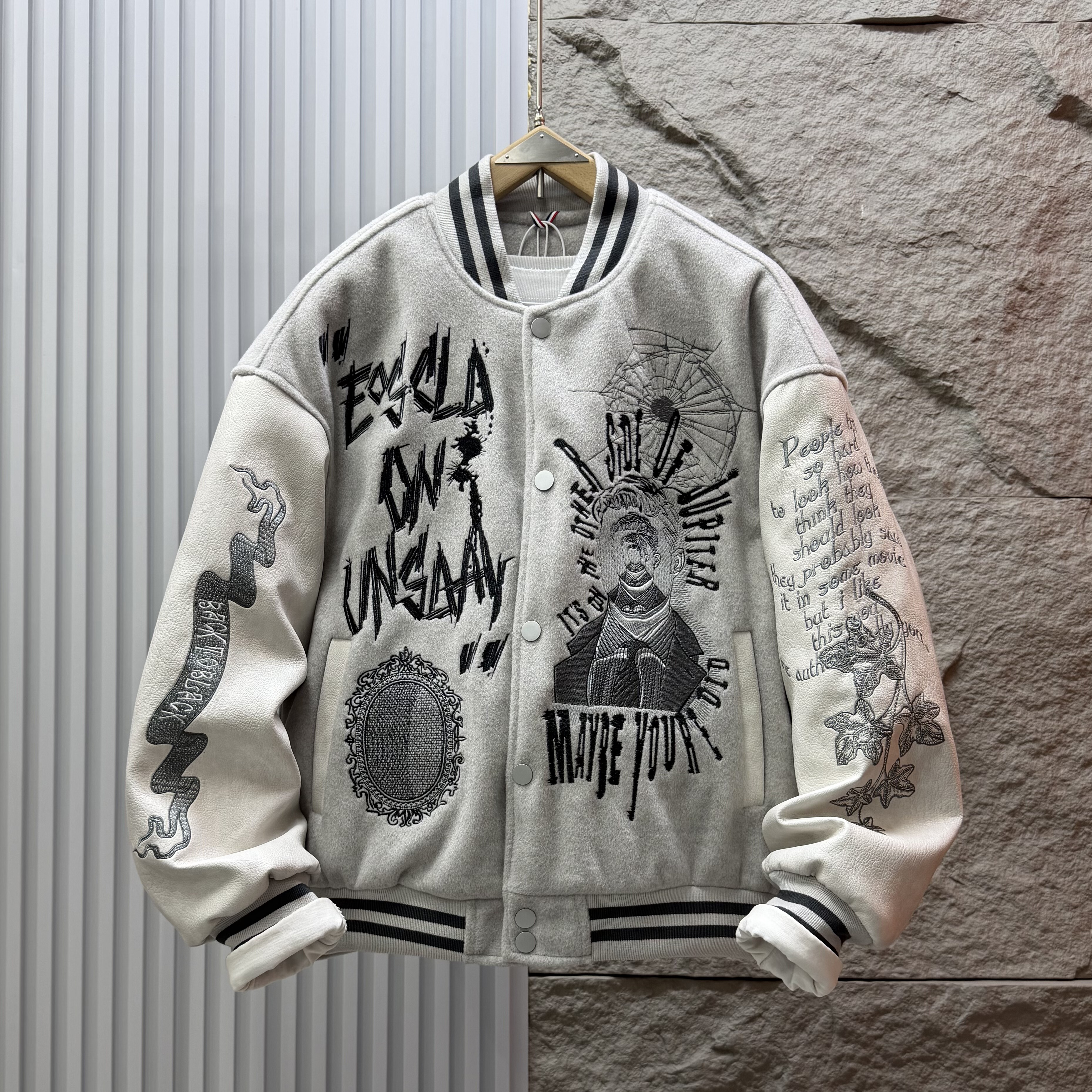 冬季新款拼接PU潮牌高街美式棒球服加棉加厚重工刺绣情侣百搭上衣