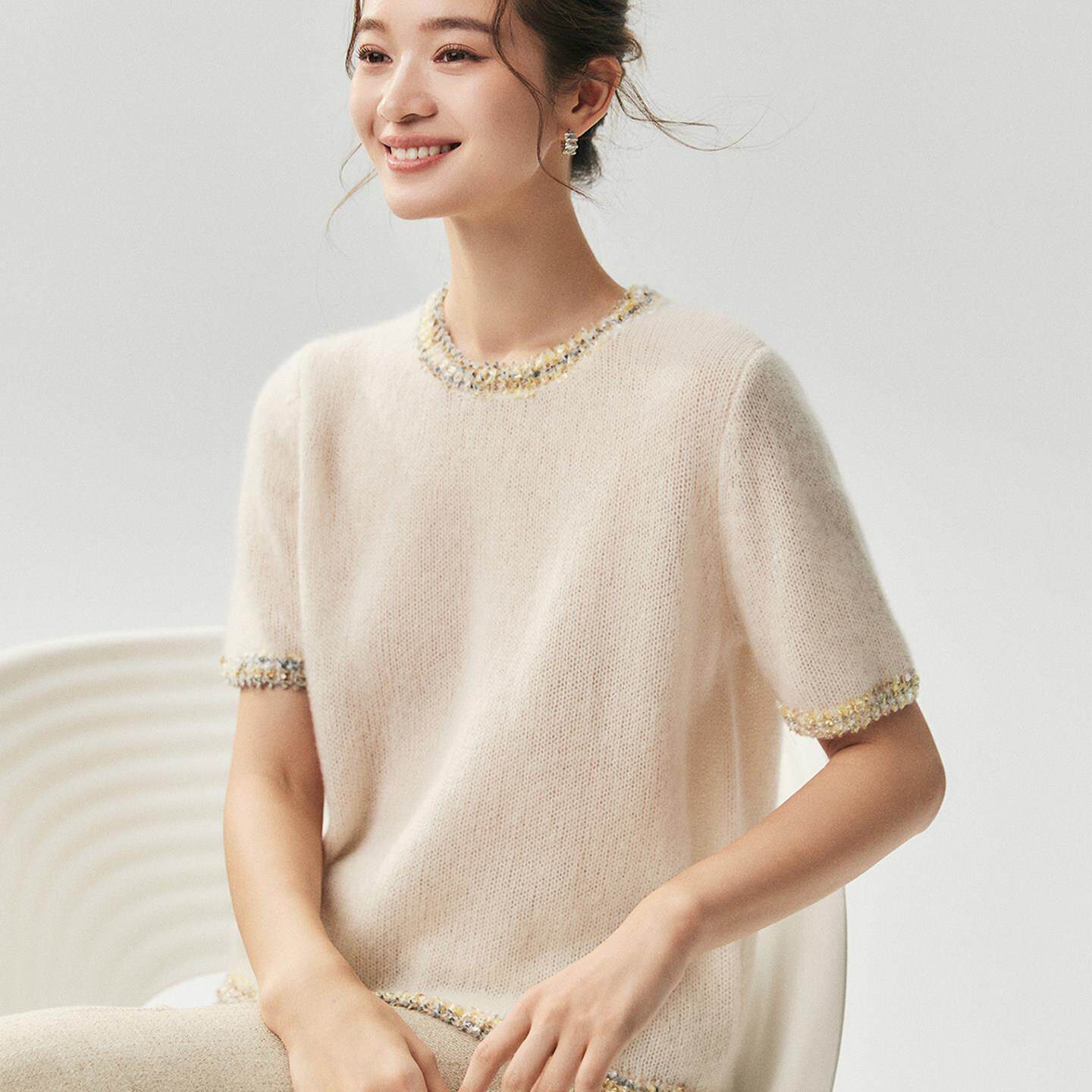 彩边圆领75%山羊绒25%桑蚕丝羊绒衫女短袖宽松毛衣中半袖针织打底