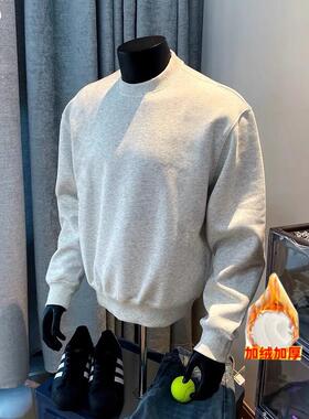 白灰色520G美式重磅圆领纯棉卫衣男女加绒加厚宽松套头长袖打底衫