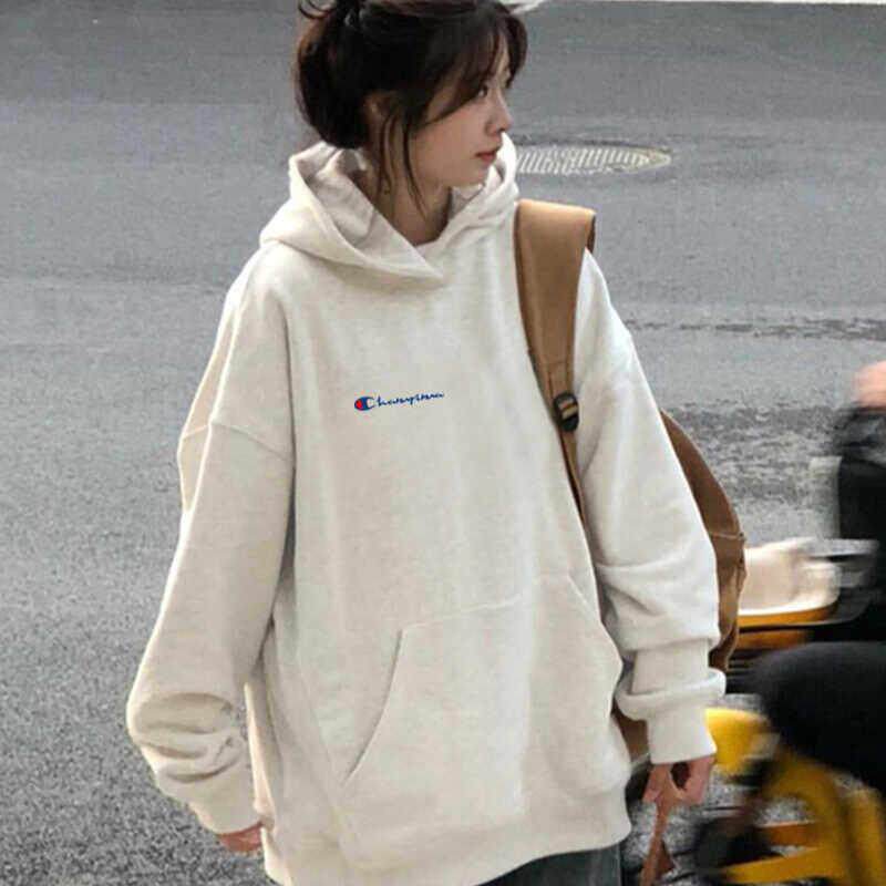 2024新款连帽套头粉色卫衣女秋冬季加绒宽松慵懒风小个子外套灰色