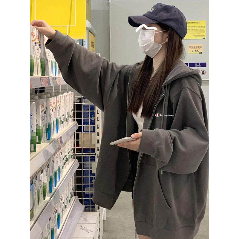2025新连帽拉炼开衫深灰卫衣女秋冬中长款宽松情侣外套上衣慵懒风