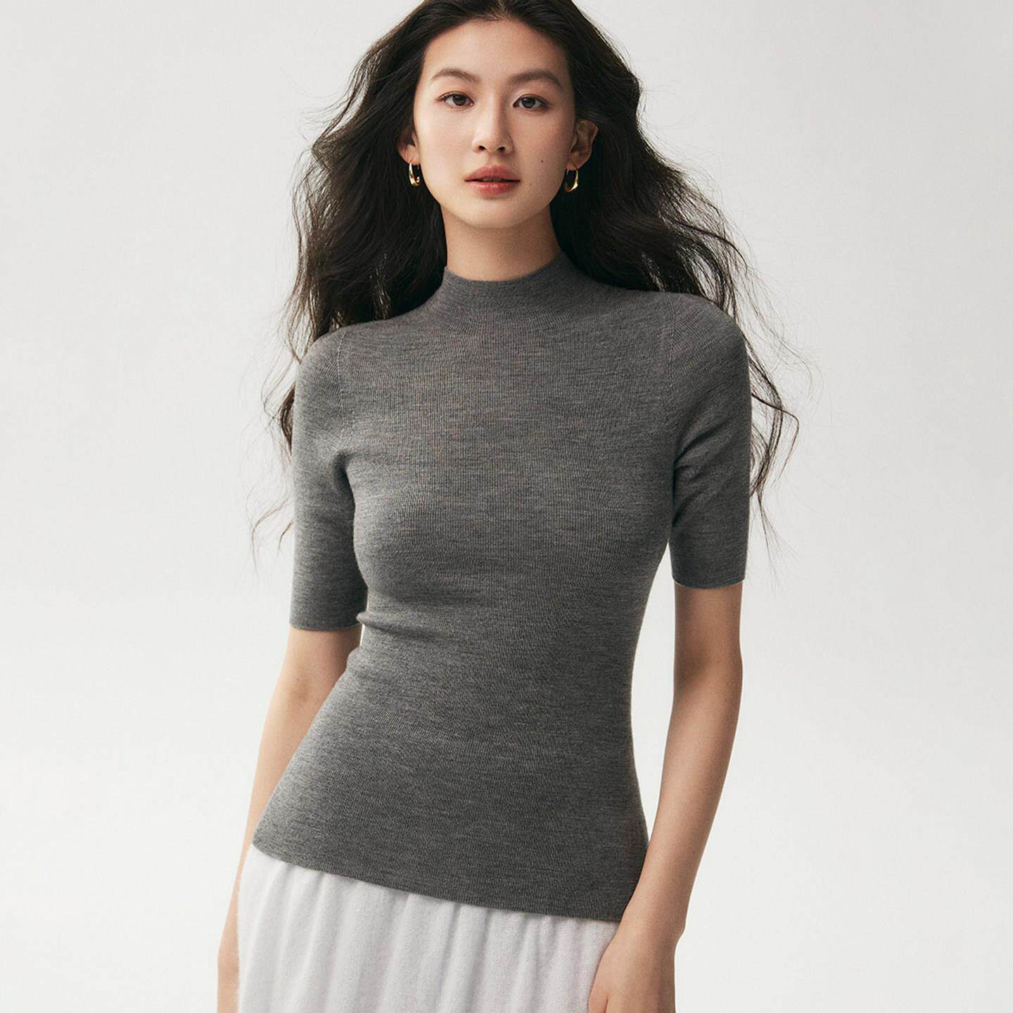 杨子纱精纺100%纯羊毛衫女半高领短袖上衣薄款毛衣中半袖针织打底