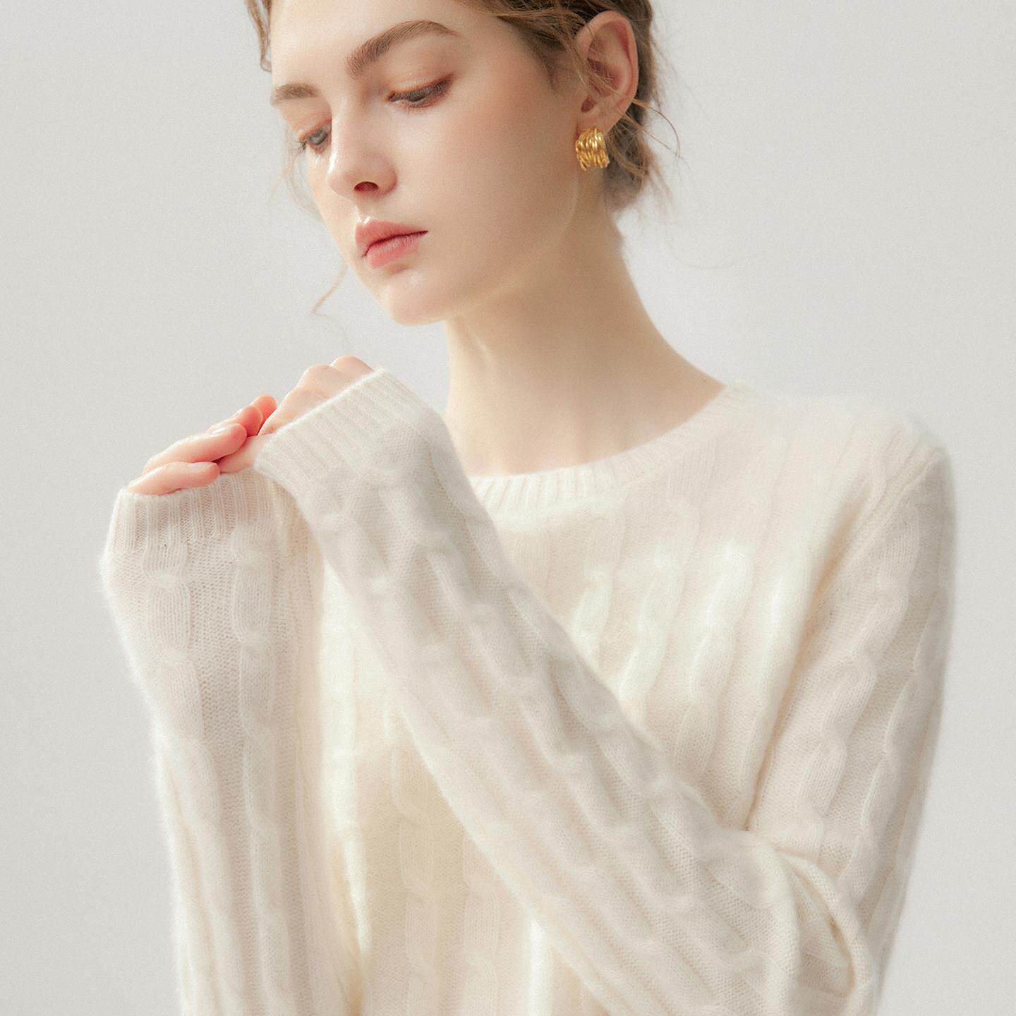 圆领麻花羊绒衫女100%纯山羊绒宽松加厚针织打底毛衣秋冬休闲女装