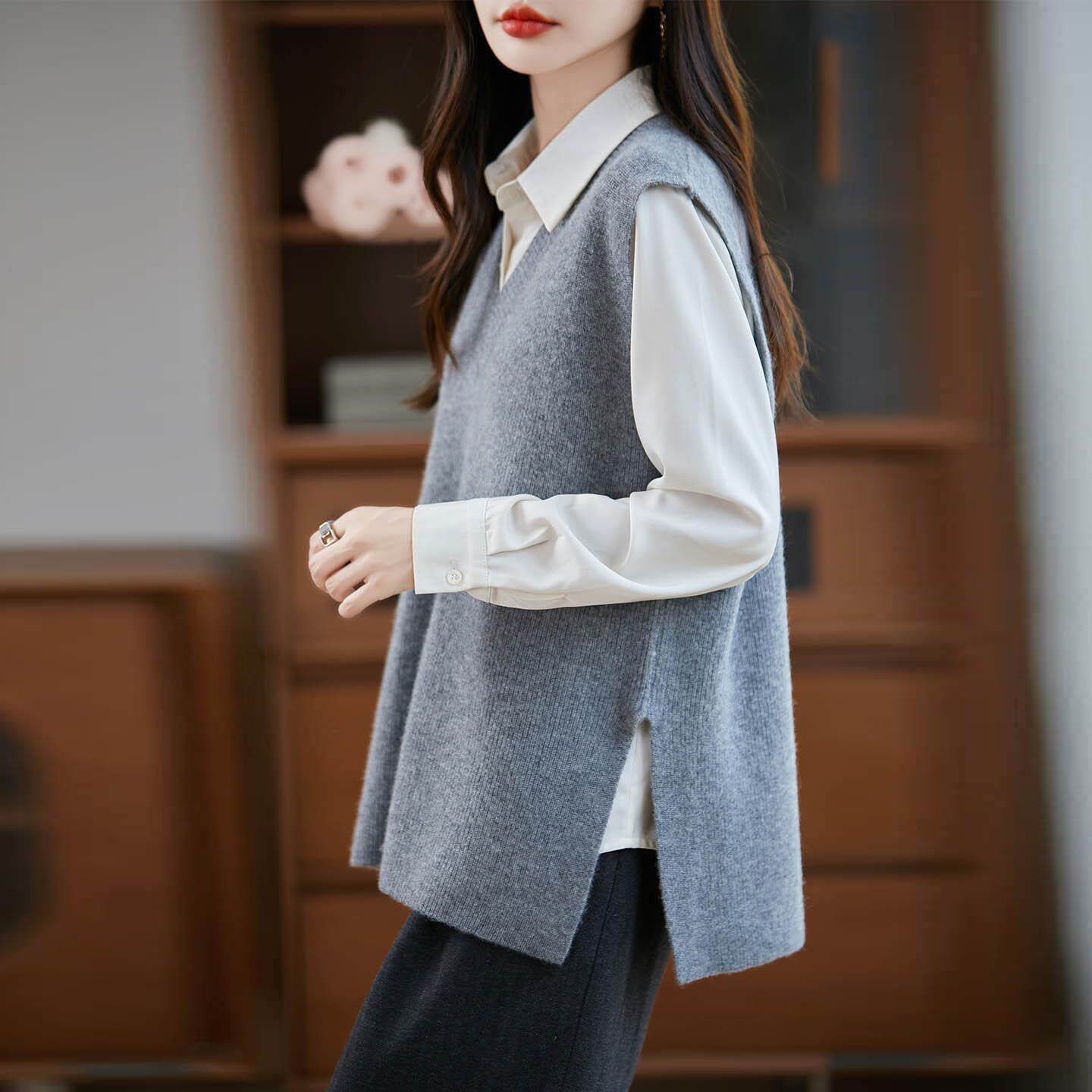 加厚开叉100%纯羊毛马甲女款2025新款秋冬季无袖针织背心毛衣马夹