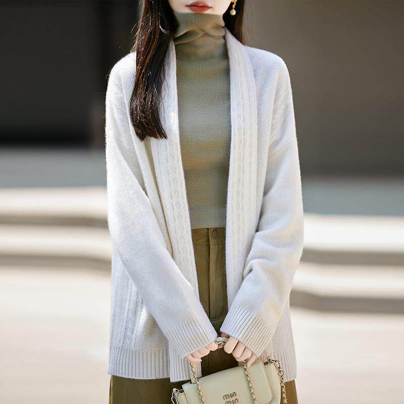 松弛感~扭花大开衫100纯羊毛针织无扣中长款外套重磅加厚外搭披肩