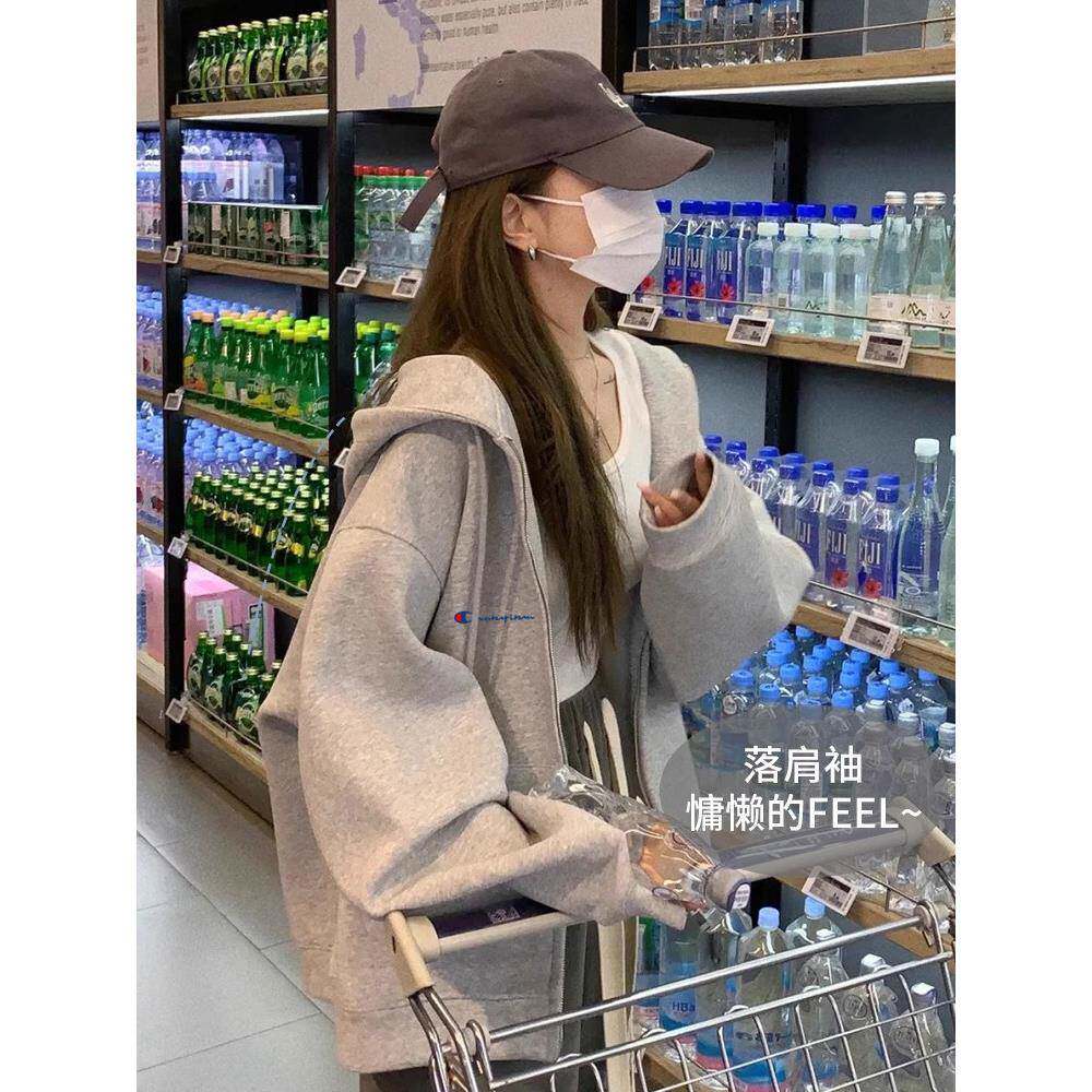 2025新连帽拉炼开衫灰色卫衣女秋冬中长款宽松情侣外套上衣慵懒风