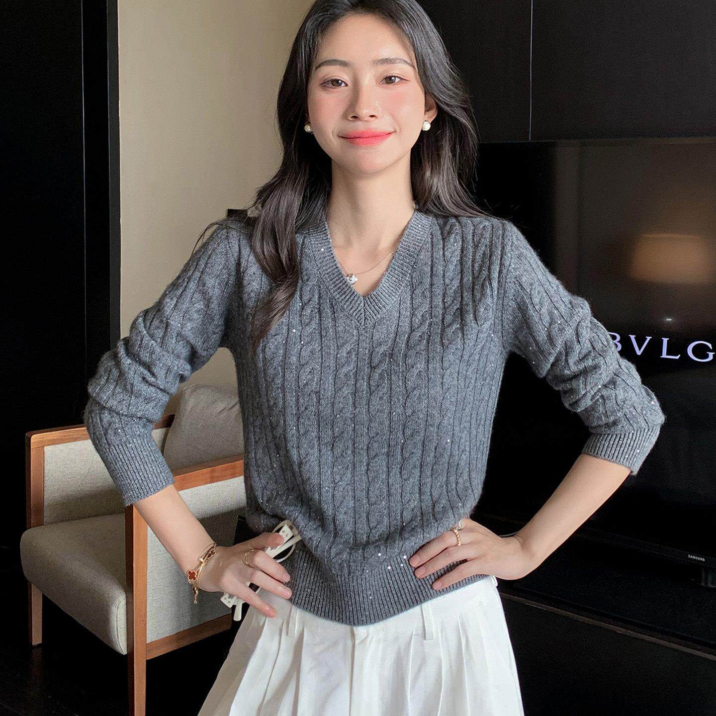 亮片 双股加厚麻花山羊绒衫女v领毛衣2025新款套头羊毛针织打底衫