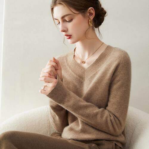 新款秋冬100%纯山羊绒衫女V领针织衫宽松毛衣打底衫套头内搭上衣