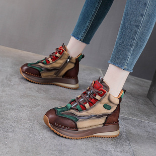 秋冬新款头层牛皮高帮鞋女老爹鞋真皮加绒马丁靴短筒休闲运动女鞋