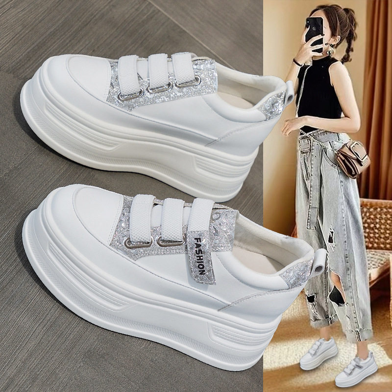 小众内小白鞋女2025春秋厚底松糕女鞋魔术贴水钻休闲运动板鞋,女鞋,时尚休闲鞋,淘宝优惠券,粉丝福利购,淘宝优惠卷