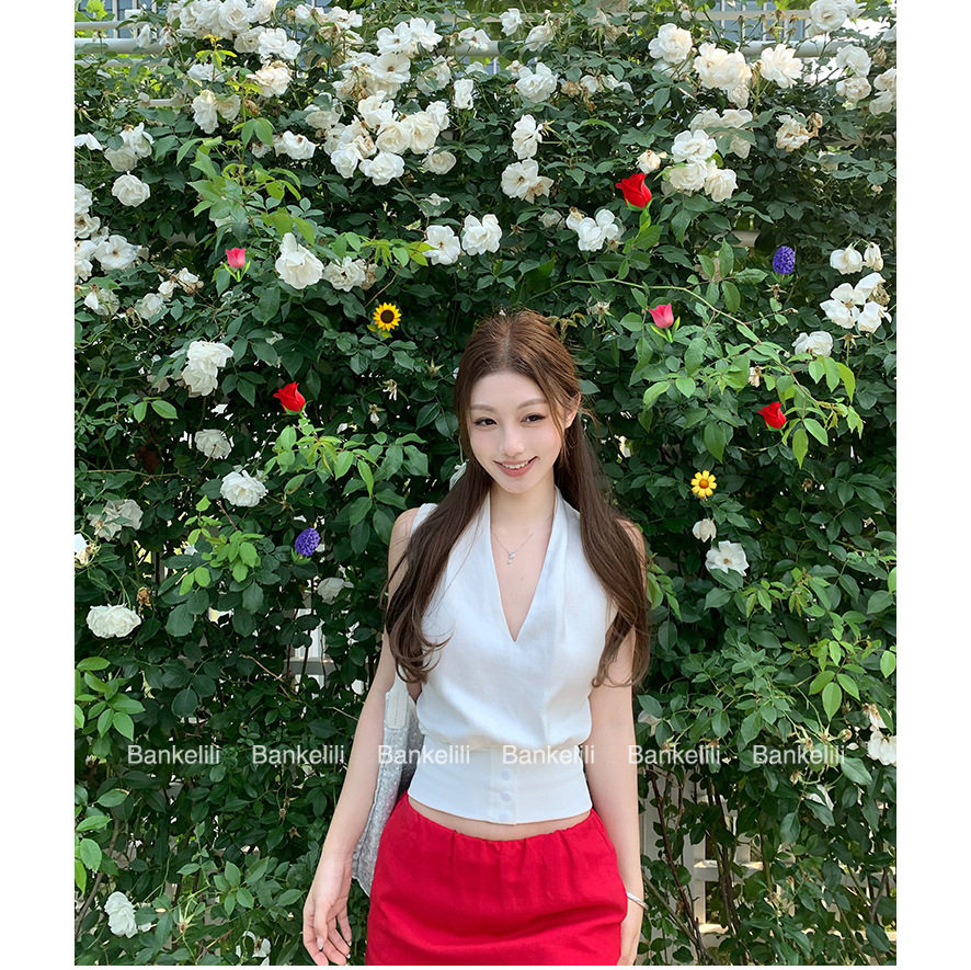 板栗可可Bankelili6.16/20点'夏日Bella'70%天丝亚麻V领挂脖背心图片