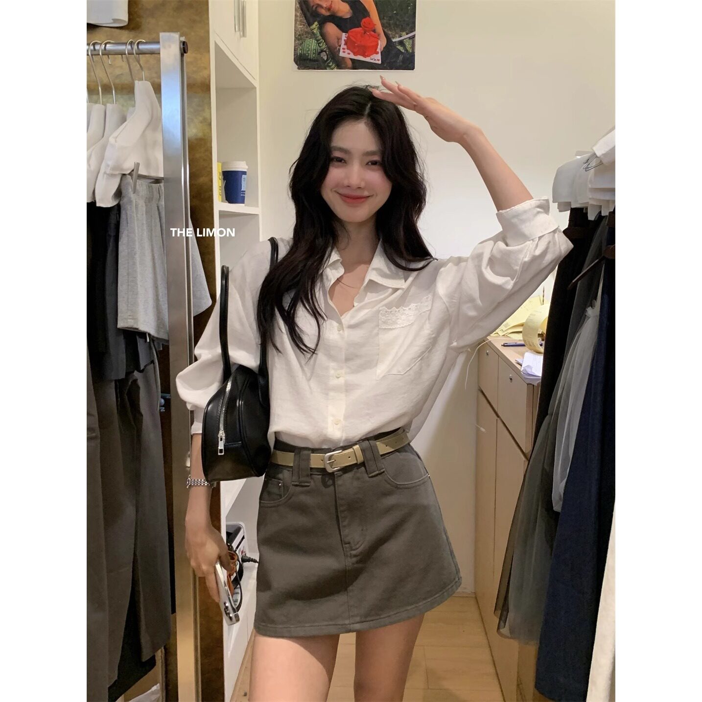 韩系高级感蕾丝口袋设计感衬衣女春季新款高腰工装半身短裙两件套