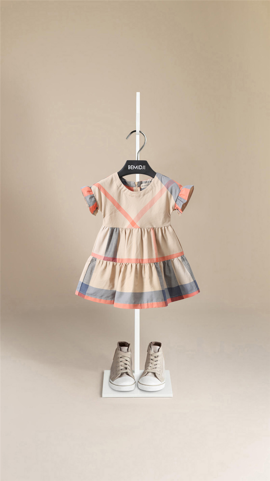 女童连衣裙宝宝夏装新款公主裙儿童短袖纯棉洋气彩色格子百褶裙夏