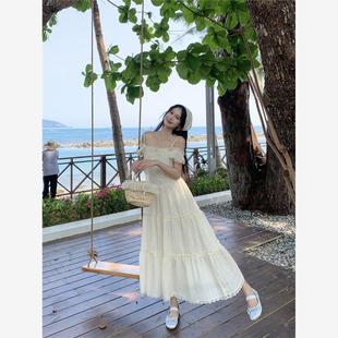 修身 温柔风杏色蕾丝花边吊带连衣裙女夏季 收腰A字裙子甜美风长裙