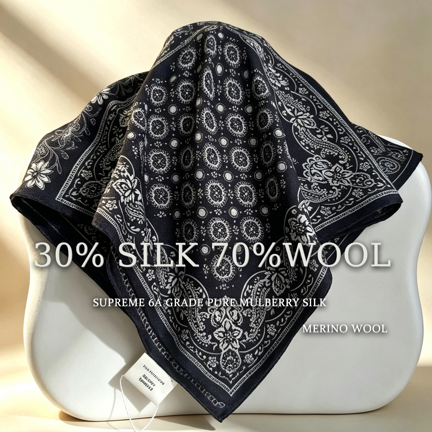 【70丝毛bandana】黑白腰果桑蚕丝羊毛双面手卷高端中方巾围巾女