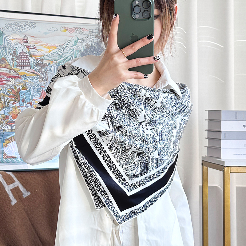 【巴黎地图】90cm真丝斜纹配衬衫高级感大牌风丝巾围巾女简约百搭