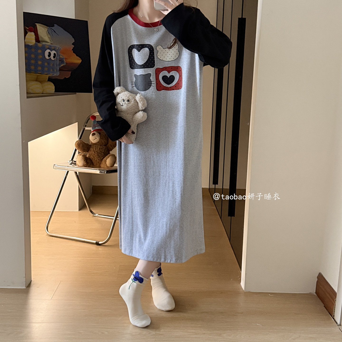 桃心猫咪睡裙女纯棉长袖