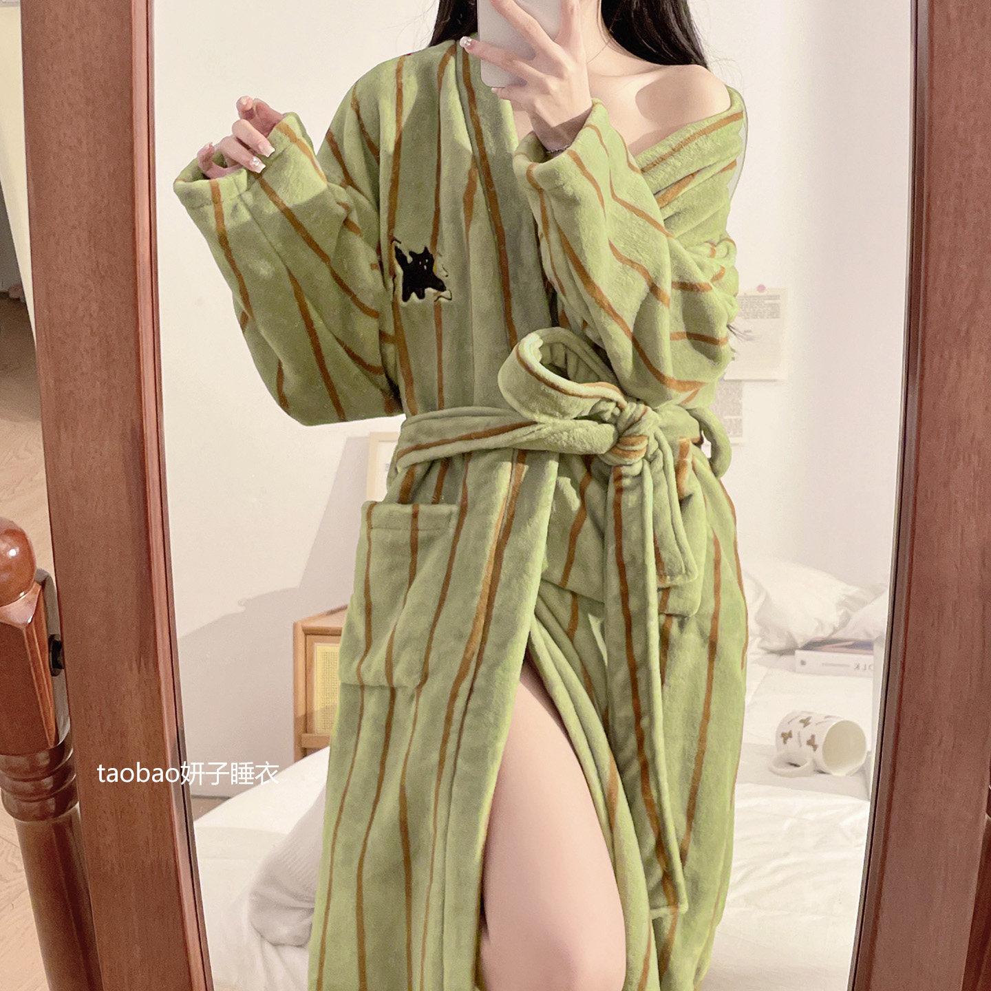 系带浴袍女中长款性感睡袍秋冬季珊瑚绒条纹睡裙法兰绒睡衣2025新,女士内衣/男士内衣/家居服,睡袍/浴袍,淘宝优惠券,粉丝福利购,淘宝优惠卷